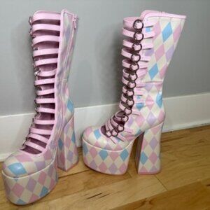 Sugar Thrillz Hardcore Dazzle Platform Boots - Harlequin Fantasy
